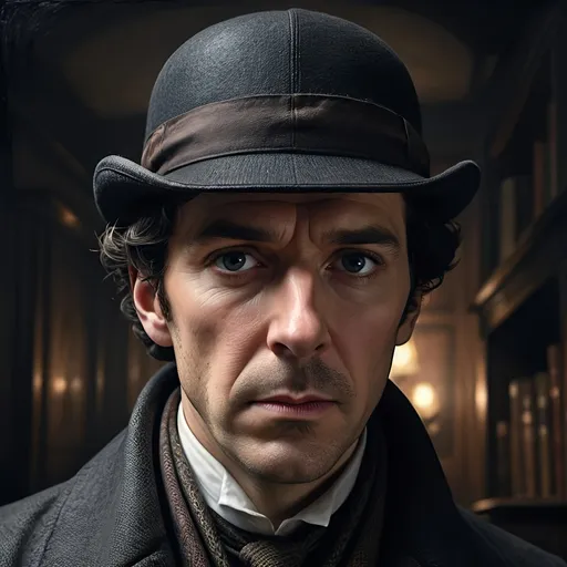 Prompt: High-res, hyper-realistic portrait of Sherlock Holmes as a high-functioning sociopath, realistic oil painting, intense and piercing gaze, Victorian-era attire, iconic deerstalker hat, dark and moody lighting, detailed facial features, enigmatic expression, classic detective style, deep shadows and highlights, brooding atmosphere, professional, Digital Art, portrait, high-functioning sociopath, Victorian, intense gaze, detailed features, moody lighting, enigmatic, classic detective, Brooding atmosphere