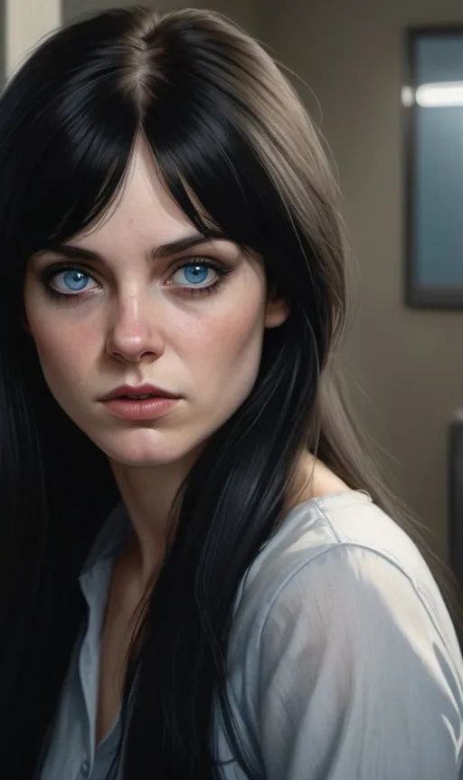 Prompt: Photorealistic depiction of a mid-20's psychopathic woman, long black hair, cold blue eyes, detailed facial features, realistic skin texture, intense gaze, high-quality, photorealism, detailed hair, cold tones, dramatic lighting