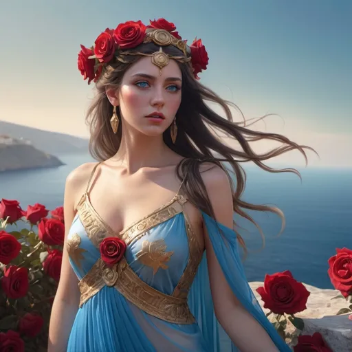 Prompt: Insanely Detailed Photograph Of An Elaborate Beautiful Athena greek goddess peaceful , blissful, with silk see through cover overshoulder, Glossy Lipstick, cosmic blue eyes, Gloss beautiful tortilla color skin, crimson hindu silk see through dress, F size breats, standing on stone over looking the sea, all around roses, moonshine in the background, Intricate Glistening Skin Face light tortilla color, Blue Eyes,  Dress Long Hair, with roses in hair,  Hyperdetailed Painting By Ismail_Inceoglu Tom Bagshaw Dan Witz, sharp focus,  wlop,  artgerm, kuvshinov, unreal engine,beautiful, aurora, radiant, CGSociety ZBrush Central Fantasy Art 4K