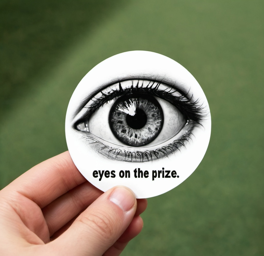 Prompt: Make a remindful sticker that says eyes on the prize.l and does not include an image.