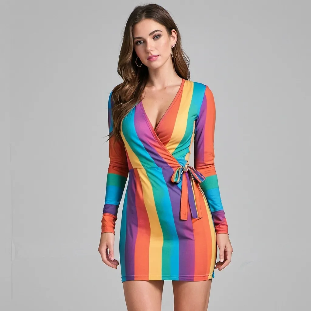 Prompt: Tight long sleeve wrap dress with rainbow colors