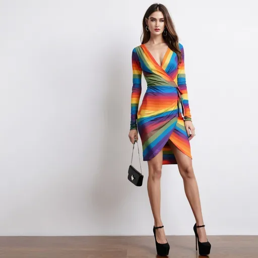 Prompt: Tight long sleeve wrap dress with rainbow colors and black high heels platform pumps 