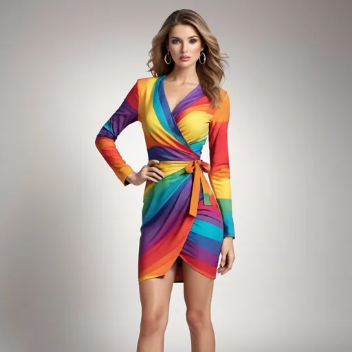 Prompt: Tight long sleeve wrap dress with rainbow colors and rainbow high heels platform pumps 