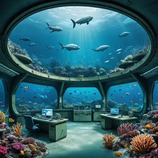 Prompt:  A vibrant underwater research facility teeming with marine life, a result of a successful and peaceful resolution of the Cold War tensions.