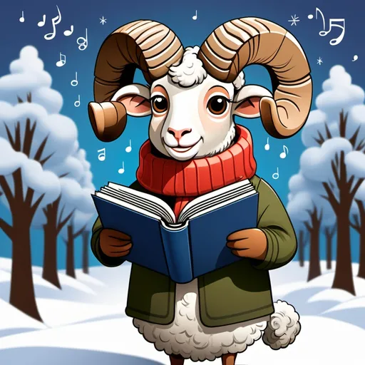 Prompt: A cartoon ram dressed in winter gear and carolling with music book
