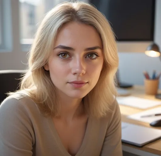 Prompt: Desk behind, Blond hair, brown eyes 