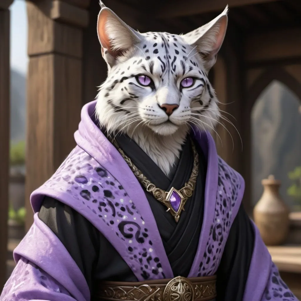 Prompt: The tabaxi sorcerer stands tall and lean, his fur patterned with a striking combination of black and white spots that cascade across his body in a mesmerizing display. His fur is sleek and well-groomed, accentuating his agile form. Piercing lilac eyes peer out from his feline face, framed by expressive whiskers that twitch with curiosity. He wears flowing robes adorned with arcane symbols, hinting at his magical prowess. Mostly he looks like a man