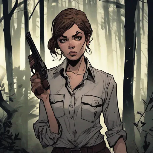Prompt: Woman wearing a button-up shirt, holding a gun, her brown hair tied up in a dark forest, sad expression, detailed facial features, intense eyes, emotional atmosphere, comic style, dramatic lighting, highres, detailed, emotional, dark tones, detailed facial features, professional