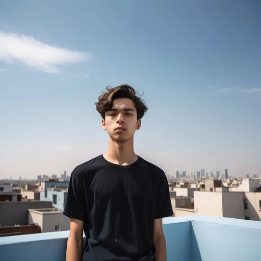 Prompt: Under a clear sky bathed in soft hues of blue, a young man stands confidently outdoors, likely on a rooftop, capturing a self-portrait. He is dressed in a black shirt, which contrasts sharply with the lighter backdrop of his surroundings—a skyline filled with houses and distant structures, suggesting a residential area. His expression is calm and composed, with a hint of a smile, while the setting sun casts gentle light, highlighting his features and the textures of the buildings behind him. A few flags flutter in the distance, adding a touch of color and hinting at cultural significance, while a sense of peacefulness permeates the scene, conveying a moment of personal reflection amidst an urban landscape.