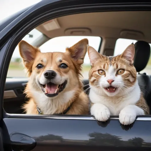 Prompt: dog and cat with human smile inside a car