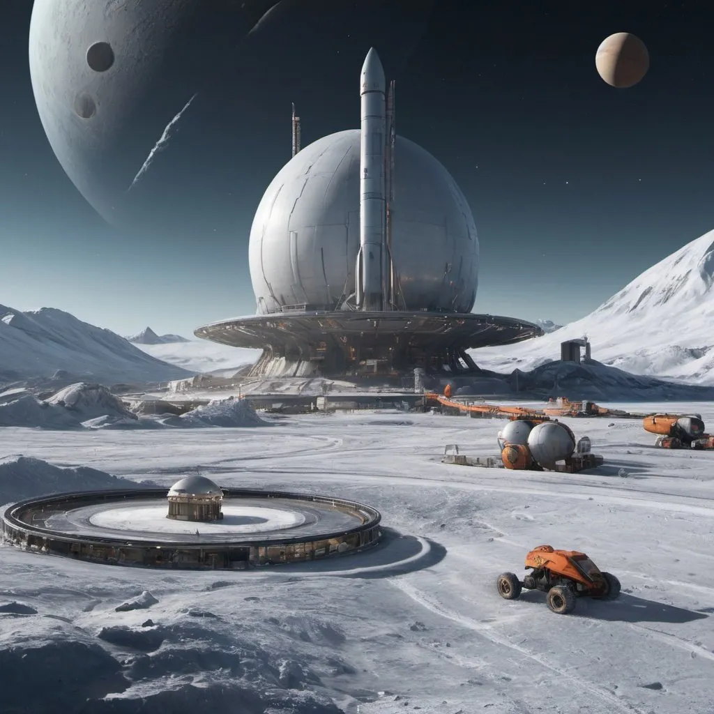 Prompt: In the foreground there is icy ground with a futuristic looking mining facility built on surface and rocket ship parked on the surface.  Saturn, a gas planet,  with rings and outer space in background, taking up about 50% of the sky.