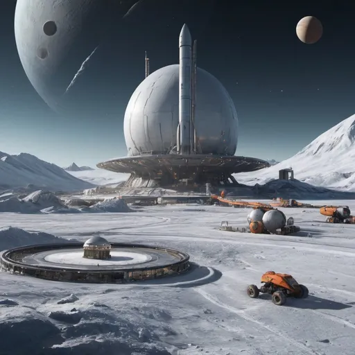 Prompt: In the foreground there is icy ground with a futuristic looking mining facility built on surface and rocket ship parked on the surface.  Saturn, a gas planet,  with rings and outer space in background, taking up about 50% of the sky.