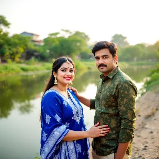 Prompt: Bathed in warm sunlight, a serene riverside scene captures a moment between two individuals. The woman, positioned closer to the camera, boasts a rich blue outfit adorned with intricate white patterns, her lips painted a vivid red, and a small decorative mark on her forehead, contributing to her joyful demeanor. Beside her, a man in a green patterned shirt and light-colored pants stands with a serious expression, subtly resting his hand on her shoulder, suggesting familiarity and connection. In the background, the calm river reflects the greenery along its banks, while structures partially hidden among the vegetation hint at human presence. The atmosphere conveys a blend of tranquility and companionship, painting a snapshot of a cherished outing by the water.