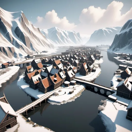 Prompt: A small viking-inspired city in the winter with a river running through it. It is walled and has a stronghold and has several districts. It is located at the coast where several longboats are parked along its wharf.
