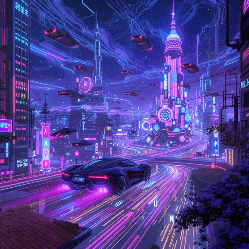 Prompt: Футуристический город с летающими машинами и неоновыми огнями