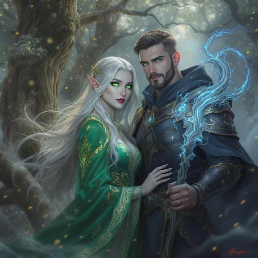 Prompt: A fantasy couple portrait of an elven woman and a human mage standing close together in an enchanted forest. The elven woman has long silver hair, glowing green eyes, and wears a flowing emerald robe with golden embroidery. The male mage has short dark hair, a trimmed beard, and holds a glowing blue staff. Their expressions are calm and powerful. The background is filled with ancient trees, magical mist, and floating lights (fireflies). Soft, ethereal lighting shines through the branches. The scene feels romantic and epic, like a moment from a fantasy novel. Cinematic composition, ultra detailed, realistic textures, intricate costume design, 4K digital painting, trending on ArtStation.