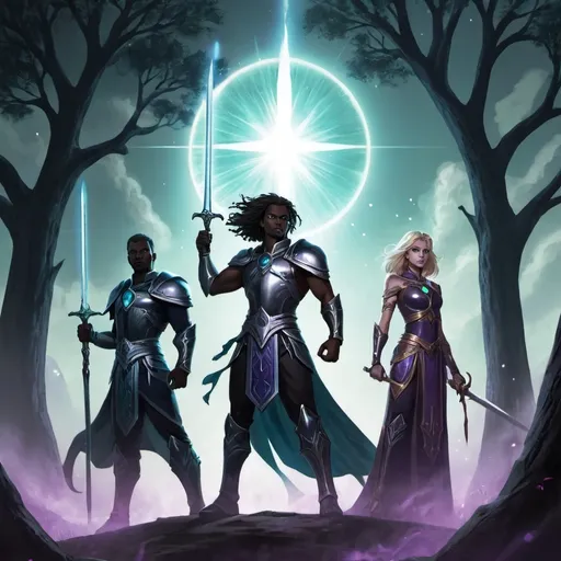 Prompt: The cover art for Legends of the Eclipsed Realm Season 1 captures the essence of the show with a striking, dynamic design.

Foreground:
At the forefront, the four main heroes—Prince Elion, Lyra, Taryn, and Arin—stand united in a powerful stance. Elion holds a glowing Crystal of Light, its radiant energy illuminating their faces, symbolizing hope and unity. Lyra is poised in battle stance, her sword raised high, showcasing her fierce determination. Taryn leans casually against a tree with a sly grin, a dagger in hand, embodying his cunning nature. Arin stands slightly behind them, channeling magic as wisps of light swirl around her, hinting at her growing powers.

Background:
Behind the heroes, a dark and foreboding landscape unfolds. The ominous silhouette of Lord Malakar looms in the shadows, his eyes glowing with malevolence, hinting at the dark forces they must confront. The Eclipsed Realm appears in the distance, shrouded in swirling mist and shadows, suggesting danger and mystery.

Color Palette:
The cover features a rich color palette, combining vibrant blues and greens from the natural landscapes with deep purples and blacks representing the encroaching darkness of the Eclipsed Realm. The contrast between light and dark creates a sense of tension and adventure.

Title and Tagline:
The title, Legends of the Eclipsed Realm, is boldly displayed at the bottom in an elegant, mystical font that glows faintly, echoing the light of the crystals. A tagline, such as “Where Light Meets Shadow,” runs beneath the title, encapsulating the central conflict of the season.

Overall, the cover art evokes a sense of adventure, camaraderie, and the epic struggle between light and dark, drawing viewers into the captivating world of Valoria and its heroes.






