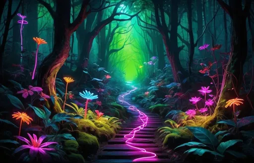 Prompt: Neon Enchantment in the Forest: Imagine a vibrant neon-lit pathway winding through a mystical forest, where glowing flora and fauna illuminate the dark shadows. Create a scene where nature's serenity meets the electrifying allure of neon lights, merging two contrasting worlds into a mesmerizing piece of art