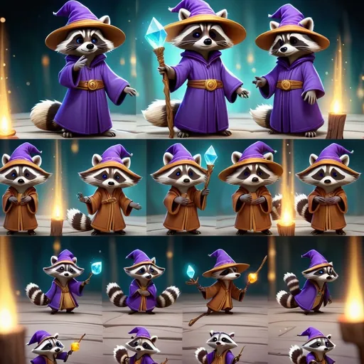 Prompt: Sprite sheet for character poses. Ignore background and make all raccoons the same size in a two rows.  Same clothing for all images. A whimsical cartoon-style raccoon wizard character sheet featuring 6 dynamic poses. The raccoon has soft gray fur with black eye markings and a fluffy striped tail. It wears a starry purple wizard robe with gold trim and a floppy matching pointed hat. Poses include casting spells, waving, holding a glowing wooden staff topped with a crystal orb, and holding an open spellbook, with magical energy effects and vibrant sparkles. The style is animated, crisp, and vibrant, perfect for games or animation projects. The background includes subtle mystical elements with a fantasy theme. High-quality, 4K resolution, clear and suitable for a sprite sheet or animation design.