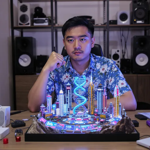 Prompt: Photograph of an Asian man with short black hair, wearing a blue floral shirt, seated in front of a detailed, futuristic miniature city diorama. The man, with a serious expression, rests his right elbow on the table and clenches his fist. The diorama features neon-lit skyscrapers, a spiral DNA-like structure in the center, and numerous digital screens displaying vibrant, abstract patterns. The background includes shelves with various electronic equipment and speakers. The table is cluttered with additional small objects and a white rectangular device. The scene has a modern, tech-savvy aesthetic, with a mix of organic and digital elements.