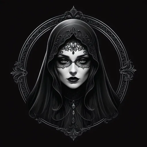 Prompt: Mysterious black veil store logo, eerie and enigmatic, dark and shadowy, gothic, intricate details, high quality, detailed illustration, dark tones, atmospheric lighting, professional design