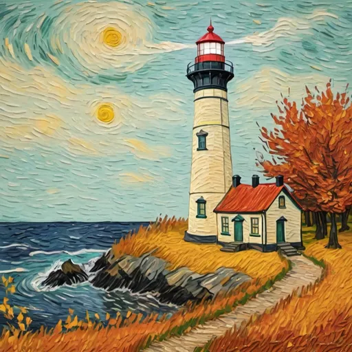 Prompt: A lighthouse in fall in the style of Van Gogh
 