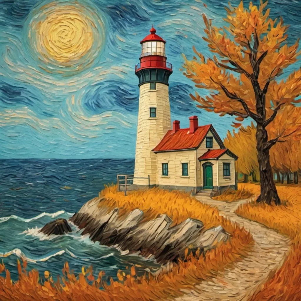 Prompt: A lighthouse in fall in the style of Van Gogh
 