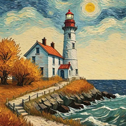 Prompt: A lighthouse in fall in the style of Van Gogh
 