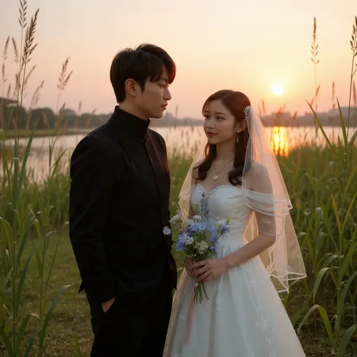 Prompt: Paint a scene from a melodrama at Han River Sunset Park: a couple surrounded by reeds, gazing at each other. The woman holding flowers is looking directly at the camera. 