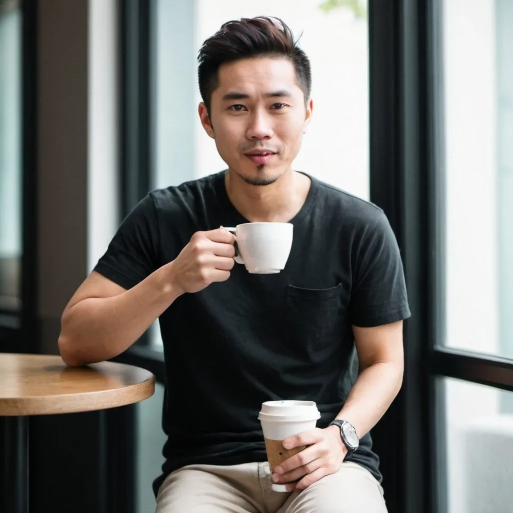 Prompt: Full body image of an asian guy drinking coffee. 
