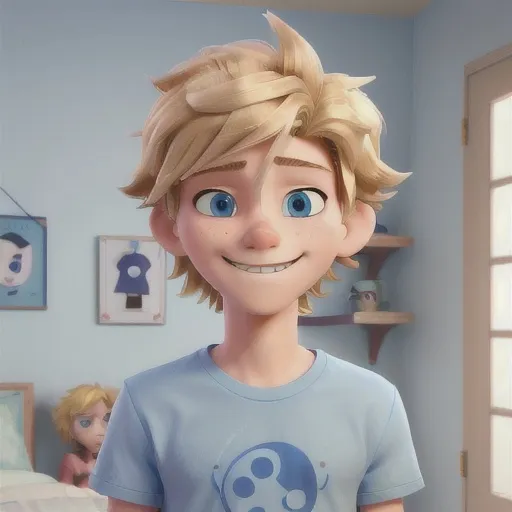 Prompt: Flirty Teenage boy with blond bedhead hair and a mischievous smirk on his face and ice blue eyes