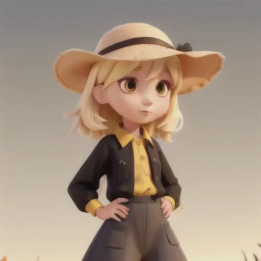 Prompt: Girl with boyish blonde hair wearing a sun hat and a black long sleeve shirt with a yellow dress over it