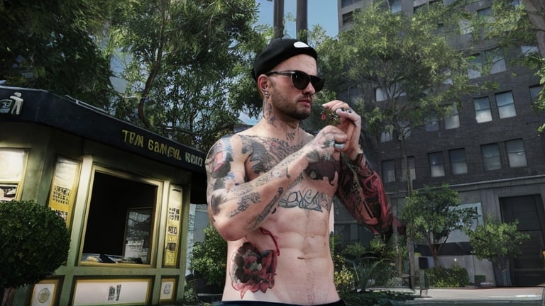 Prompt: Realistic digital painting of a tattooed man, Brian 'Chippy' Dugan, standing in front of a GTA V building, American realism, detailed tattoos, urban setting, professional quality, realistic, digital painting, detailed chest and arm tattoos, focused gaze, urban background, GTA V building, American realism, detailed shading, realistic lighting, atmospheric urban setting