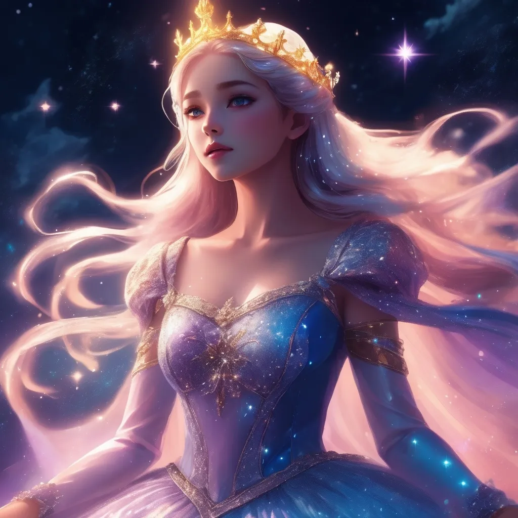 Prompt: anime, girl, night, fantasy, stars, magical, princess vibe, señora, queen