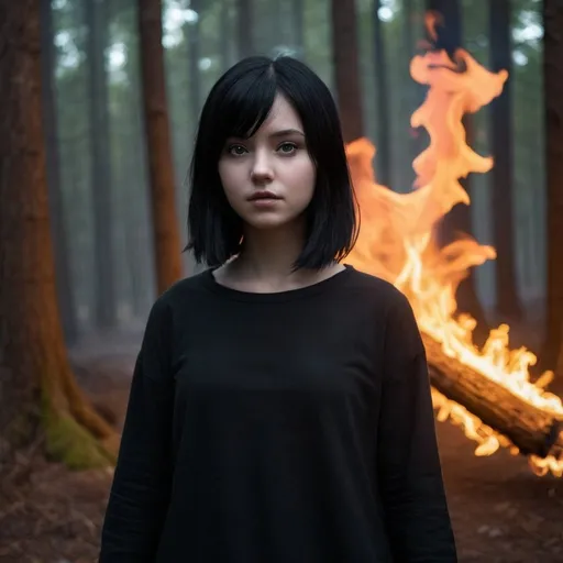 Prompt: sd1.5 a girl with black hair and she is in a dark forest and there is fire in the forest

