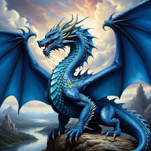 Prompt: (blue dragon profile), majestic and vibrant, intricate scales reflecting light, fierce yet serene expression, dynamic pose showcasing powerful wings, set against a dramatic fantasy landscape, mystical clouds swirling in the background, rich colors and high detail, (ultra-detailed), whimsical atmosphere, a fusion of realism and fantasy artistry.