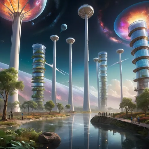 Prompt: A breathtaking futuristic landscape of Earth, showcasing a harmonious blend of nature, technology, and human advancement. In the foreground, a group of diverse people of all ages are gathered in an open space, studying holographic displays and interacting with advanced AI companions. Around them, towering vertical gardens and bioluminescent trees intertwine with sleek, curved buildings made of transparent and reflective materials, symbolizing a perfect balance between nature and human innovation. Above, the night sky is a spectacle of vibrant galaxies and swirling nebulae, visible due to the atmosphere's clarity. A massive space elevator rises from the ground, disappearing into the stars, with shuttles traveling up and down, representing humanity’s expanded reach into space. In the distance, massive wind turbines and solar arrays merge seamlessly with natural landscapes, while rivers flow alongside floating research pods. The scene tells a story of unity, progress, and exploration, capturing a moment in which humanity has embraced sustainable growth, curiosity, and a deep connection with the universe beyond