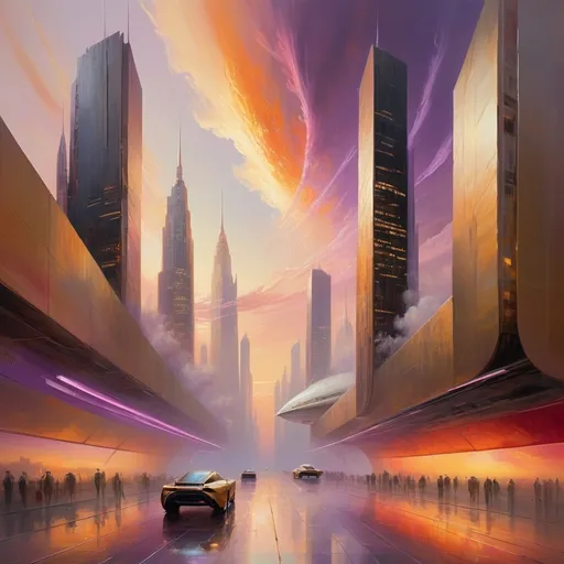 Prompt: A hyper-realistic oil painting in the style of Joseph Mallord William Turner, depicting a futuristic cityscape with fluorescent buildings illuminated by soft neon lights. Towering skyscrapers with unconventional shapes reflect the light of the setting sun, creating vibrant colors and an ethereal glow. In the foreground, a sleek, elegant spacecraft with metallic accents hovers above the ground, casting shadows across the scene. The golden hour sky is filled with swirling clouds painted in shades of gold, crimson, and lavender, reminiscent of Turner’s mastery in capturing atmospheric depth. The horizon is softly blurred, giving a dreamy and surreal effect, while the reflective surfaces of the buildings mirror the sky, blending the architecture with nature. A sense of motion and energy flows through the painting, with wisps of clouds trailing behind the spacecraft, adding dynamism and complexity to the scene