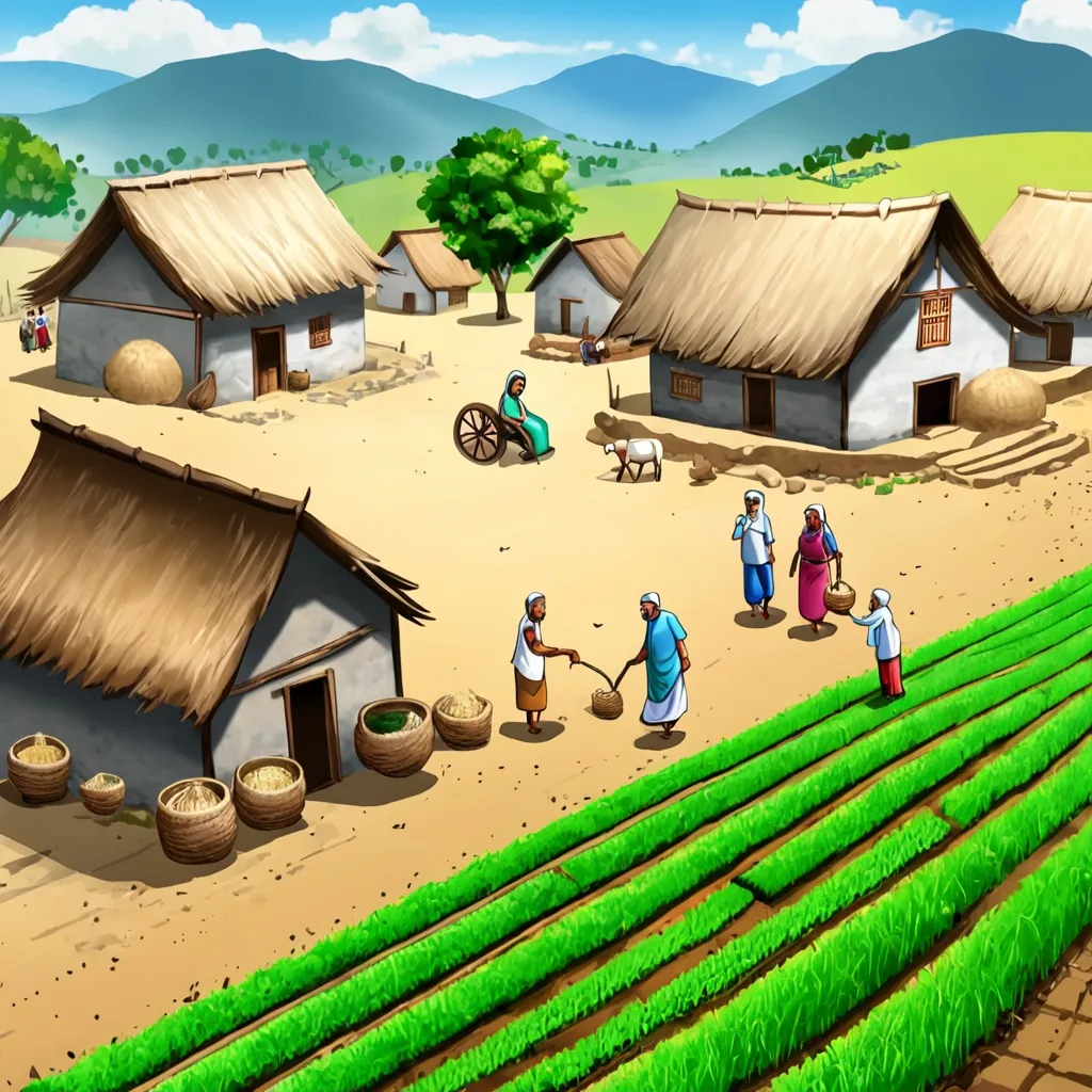 Prompt: Old Village In And 1 one farmer Family in village