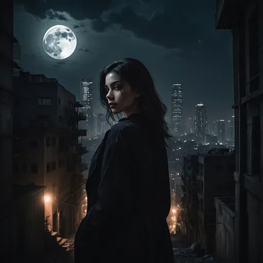 Prompt: A dark and moody image with:

- A cityscape at dusk
- A woman (Sofia) in the foreground, looking over her shoulder
- A shadowy figure (Gabriel) looming in the background
- Dark alleys and skyscrapers surrounding them
- A full moon casting an eerie glow

Imagine a hauntingly beautiful image with a sense of danger and intrigue!