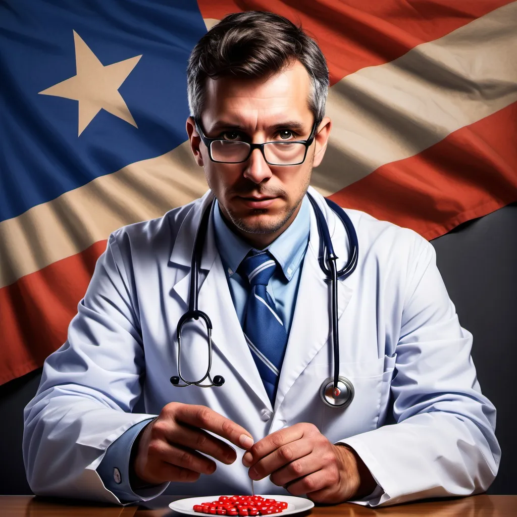 Prompt: dibujame un doctor con la bandera de chile de fondo y con un frasco de pastillas en su mando derecha