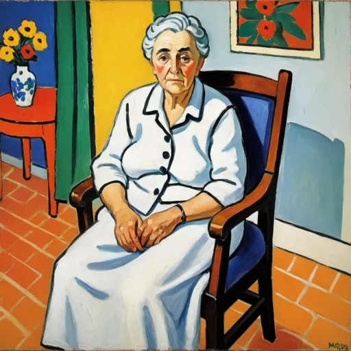 Prompt: woman with dementia sitted on a chair matisse oil painting