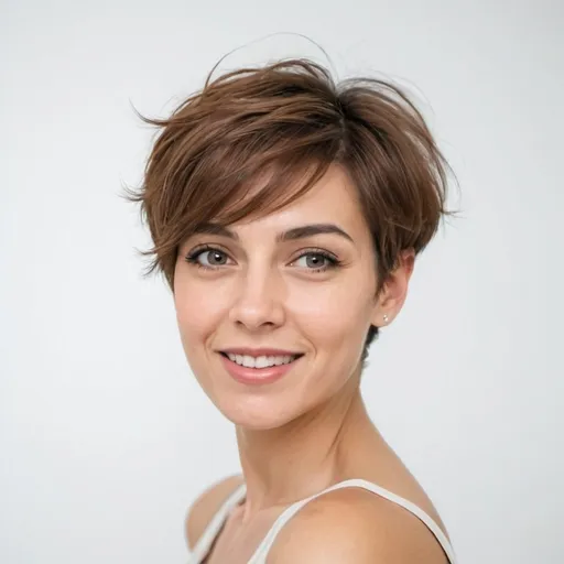 Prompt: woman with flying short hair, white background,
fave the camera