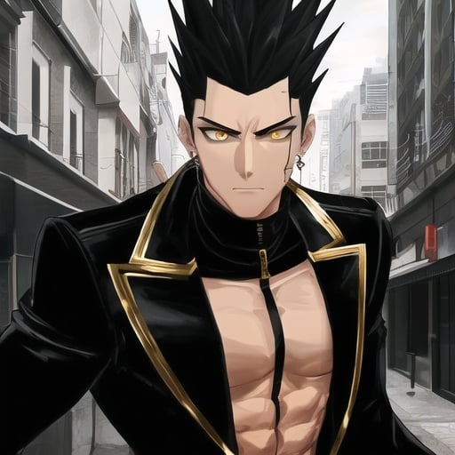 Prompt: Tall, fit, lean man with a black mohawk, golden eyes, street styled outfit, smooth, thicker lines, high quality, street art, cool tones, urban setting, gold and black color palette, detailed facial features, professional lighting