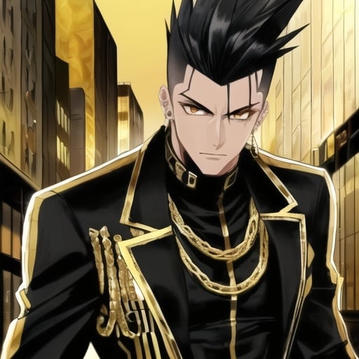 Prompt: Tall, fit, lean man with black mohawk, golden eyes, street-styled outfit in gold and black, smooth, thicker lines, high quality, urban, stylish, detailed eyes, sleek design, professional, atmospheric lighting, gold and black color tones