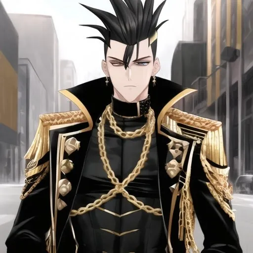 Prompt: A Tall, Fit, Lean man with a black mohawk, golden eyes and street styled outfit in gold and black colors