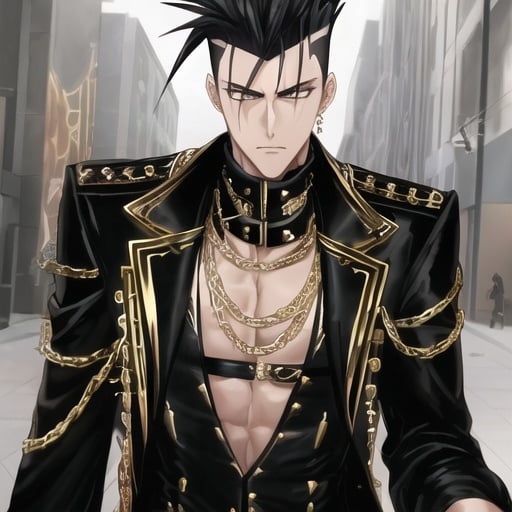 Prompt: A Tall, Fit, Lean man with a black mohawk, golden eyes and street styled outfit in gold and black colors