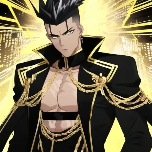 Prompt: Tall, fit, lean man with black mohawk, golden eyes, street-styled outfit in gold and black, smooth, thicker lines, high quality, urban, stylish, detailed eyes, sleek design, professional, atmospheric lighting, gold and black color tones