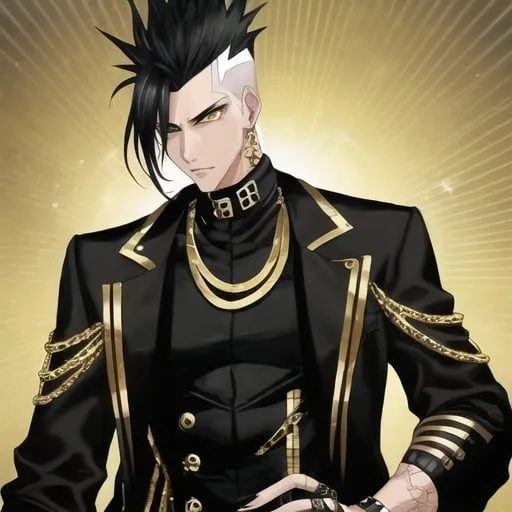 Prompt: A Tall, Fit, Lean man with a black mohawk, golden eyes and street styled outfit in gold and black colors