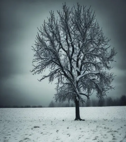 Prompt: lonely tree with themes of winter, loneliness, snow, sadness, grief